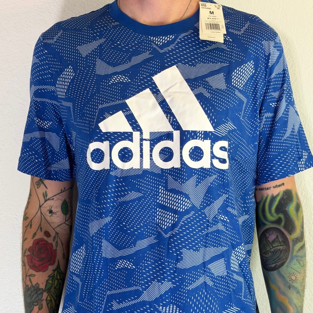 Adidas Men’s Medium Athletic Tee – Blue Allover Print